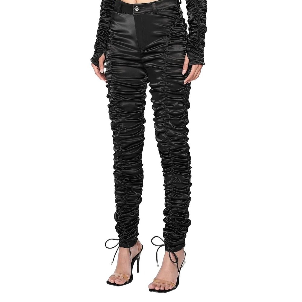 Maniere De Voir Ruched Satin Trousers Pants Size 6 US Black Cinch Skinny